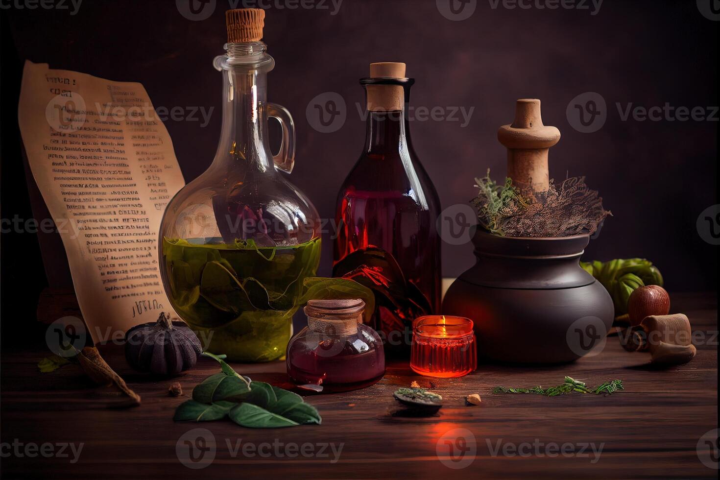 génératif ai illustration de le Ingrédients de une fleur vase arrangé pour une sorcière livre de recettes. herbes, bouteilles, flacons, terre cuite mélange pot photo