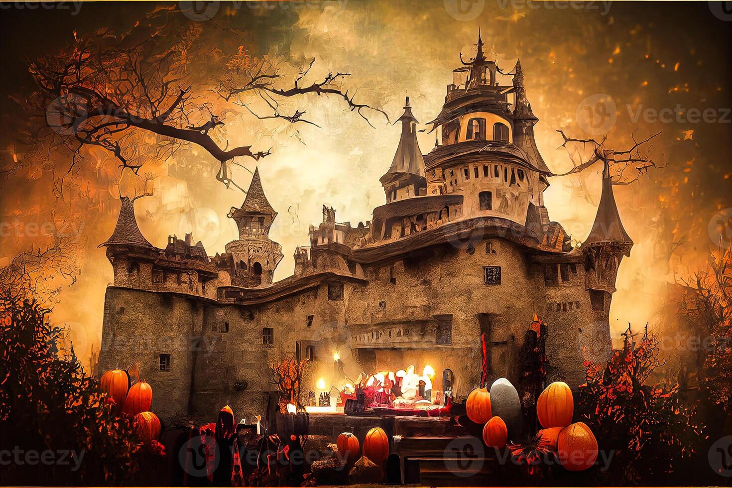 génératif ai illustration de coloré Halloween intérieur faire la fête, les enfants en jouant sur nuit Halloween rue, terrifiant château, américain quartier Contexte. numériquement généré image. photo