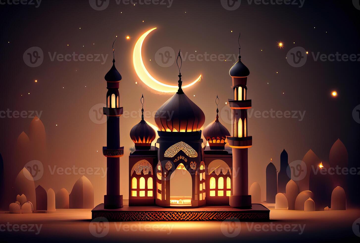 génératif ai illustration de islamique vacances. Ramadan nuit. mosquée et lanterne affiché sur étapes avec embrasé lumière dans le soir. fond d'écran et bannière Contexte. photo