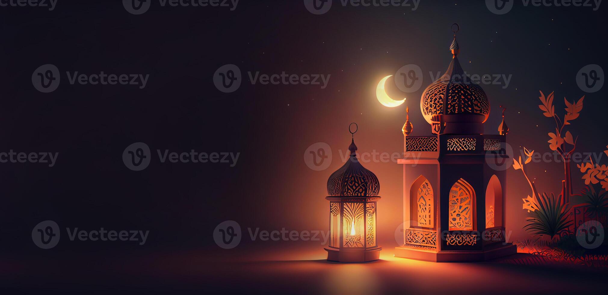 génératif ai illustration de islamique vacances. Ramadan nuit. mosquée et lanterne affiché sur étapes avec embrasé lumière dans le soir. fond d'écran et bannière Contexte. photo