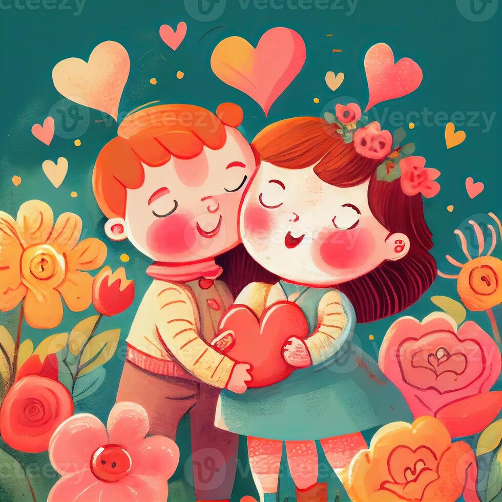 génératif ai illustration de un adorable et attachant dessin animé personnage pour la Saint-Valentin jour, aimer, cœurs, fleurs, romance, content, joyeux, joyeux, amusant, espiègle, léger, sucré photo