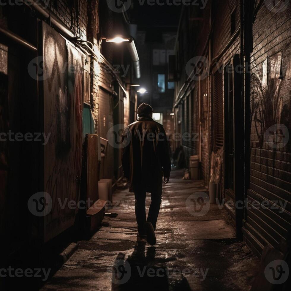 une homme en marchant dans des rues dans nuit ai génératif photo