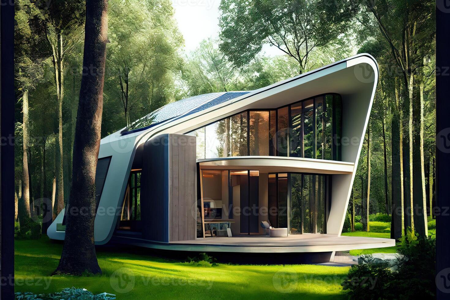 génératif ai illustration de une prototype architectural conception pour une futuriste, respectueux de la nature maison, avec une lisse, moderne conception avec une petit courant fonctionnement par le cour. photo