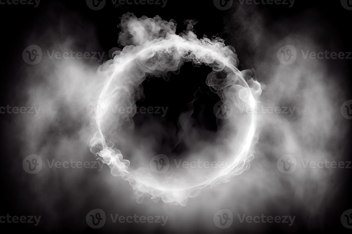 génératif ai illustration de blanc fumée exploser en dehors avec vide centre. spectaculaire fumée ou brouillard effet pour sinistre, chaud éclairage bague cercle photo