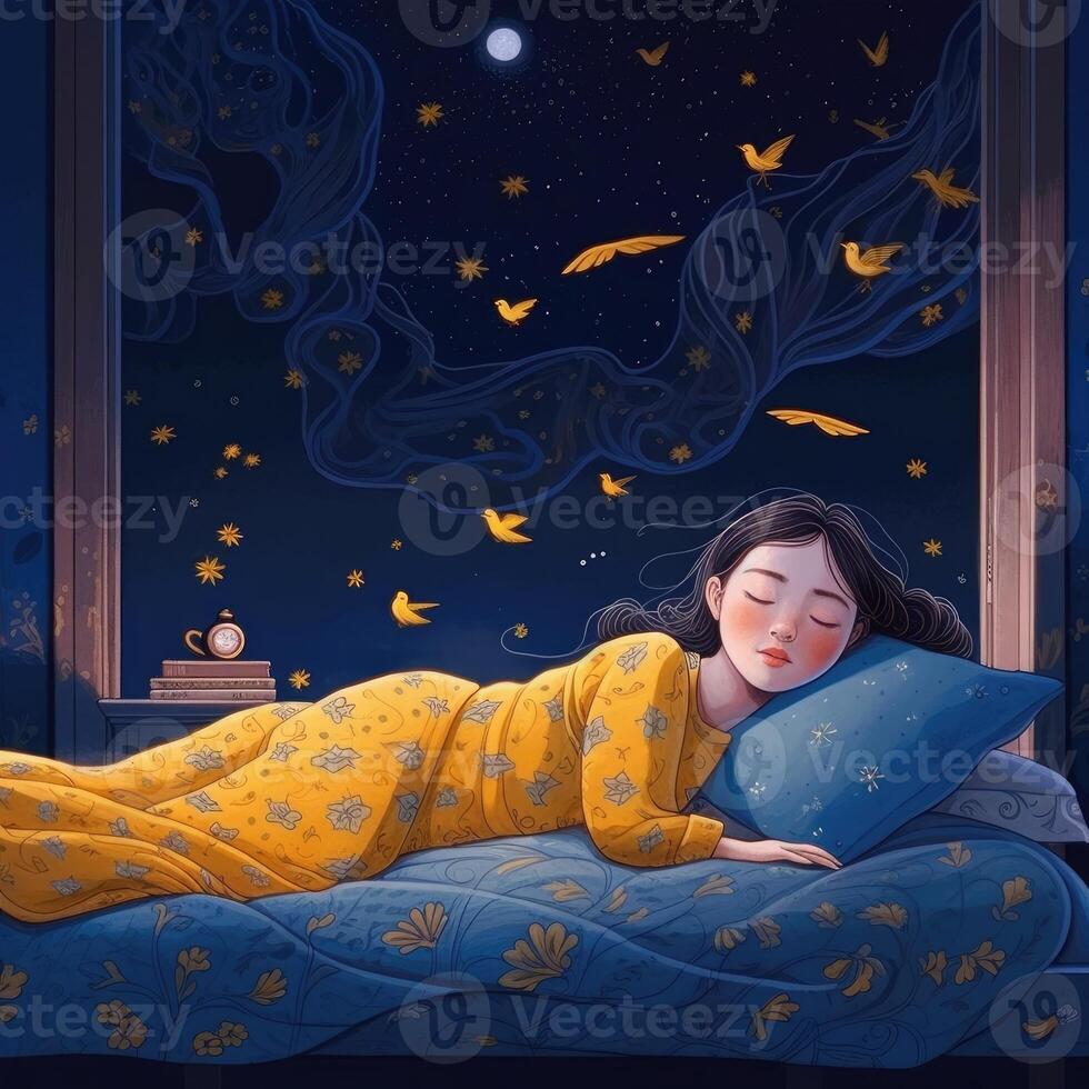 fille en train de dormir parmi le bleu ciel, brillant lune et étoiles, dessin animé avec génératif ai photo