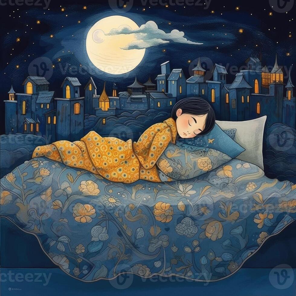 fille en train de dormir parmi le bleu ciel, brillant lune et étoiles, dessin animé avec génératif ai photo