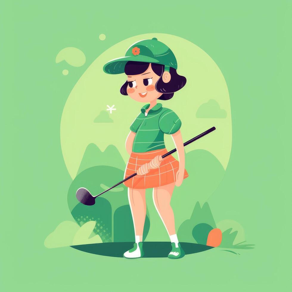 fille golfeur en jouant une vert arrière-plan, dessin animé illustration avec génératif ai photo