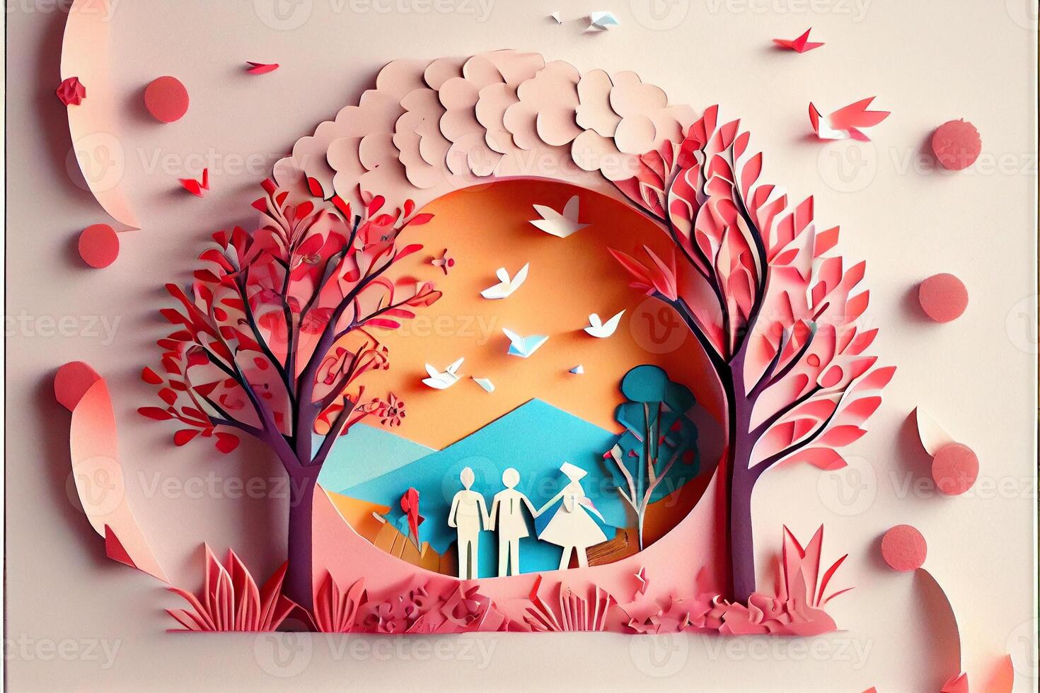 génératif ai illustration de origami printemps arrière-plan, joyeux âgé, content famille avec parent, coloré. papier Couper artisanat, 3d papier illustration style, pop couleur. neural réseau généré art. photo