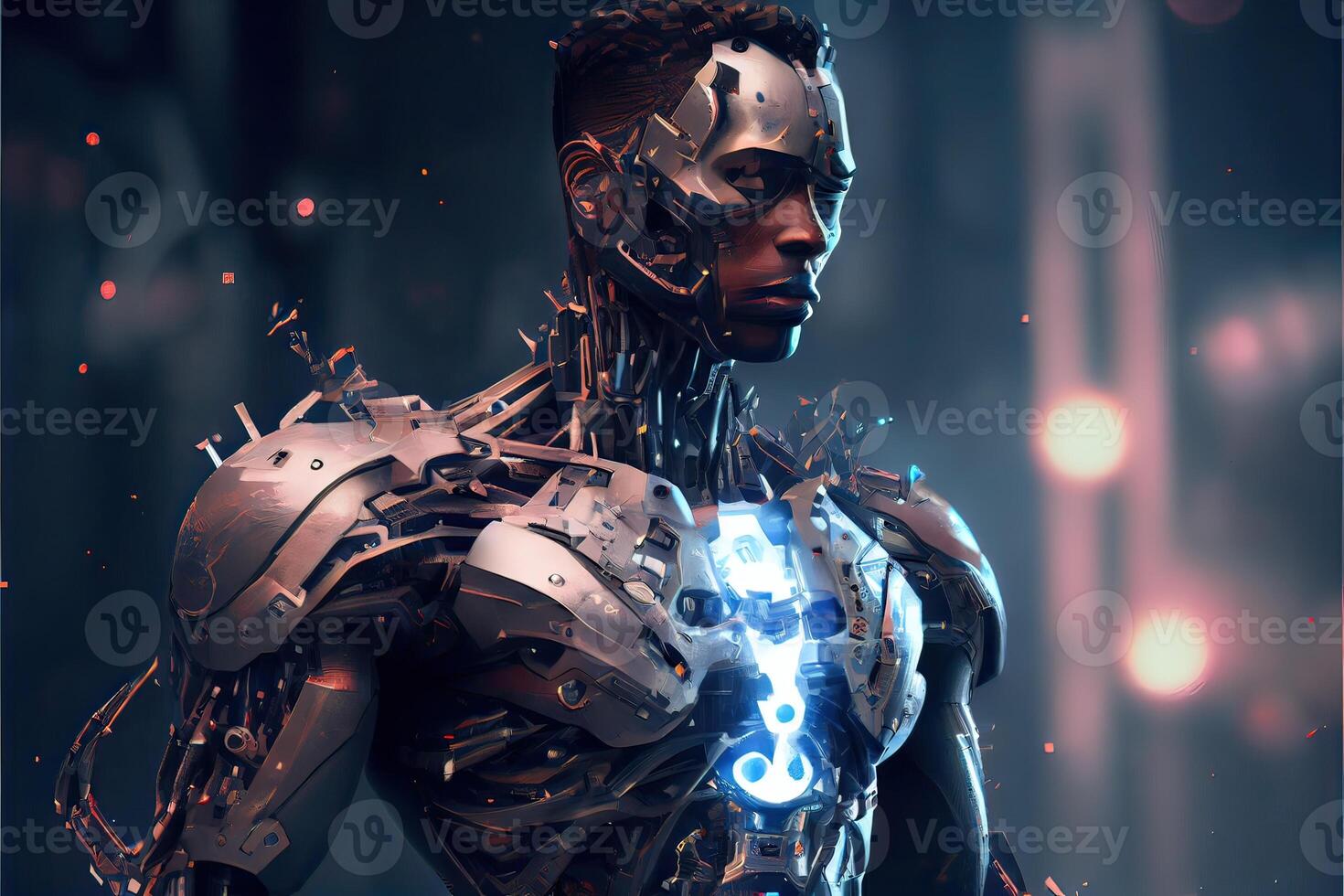 génératif ai illustration de robot tournant Humain encore avoir peau, dans cyborg, cyberpunk Contexte photo