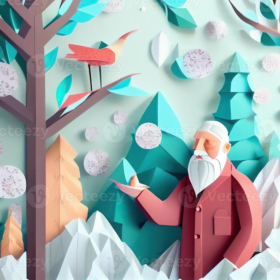 génératif ai illustration de origami hiver arrière-plan, joyeux âgé, coloré. papier Couper artisanat, 3d papier illustration style. neural réseau généré art. photo