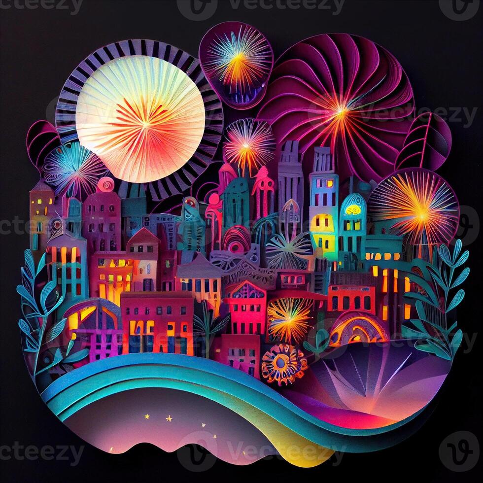 génératif ai illustration de photo papier Couper quilling multidimensionnel papier couper, artisanat papier illustration, feux d'artifice et magnifique ville dans Nouveau année veille, nationale journée avec coloré lumières, pop couleur.