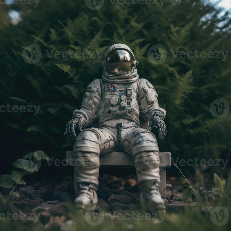 un astronaute séance sur une chaise se prélasser dans vert forêt. génératif ai photo