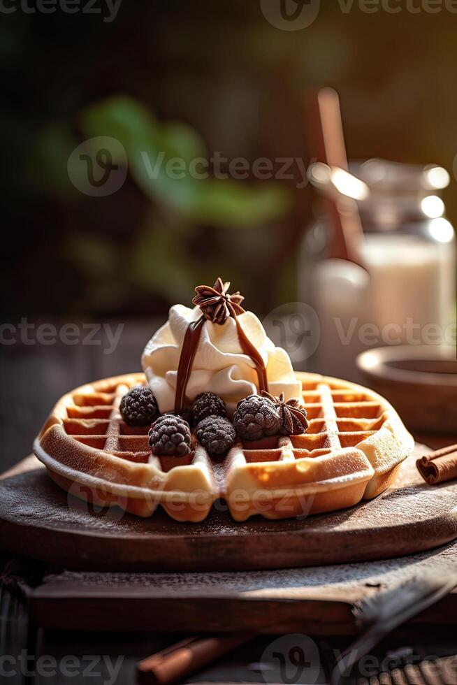 Chocolat Milk-shake avec la glace crème et avec fouetté crème, guimauve, sucré Popcorn, biscuits, gaufres, servi dans verre le maçon pot. génératif ai. photo