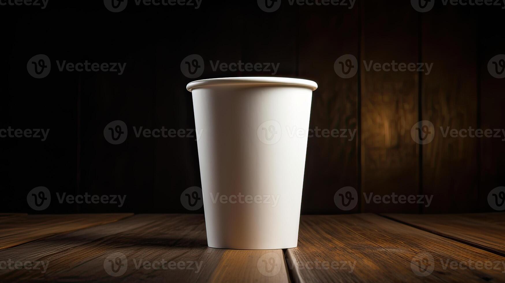 papier tasse de café sur en bois mur Contexte. génératif ai photo