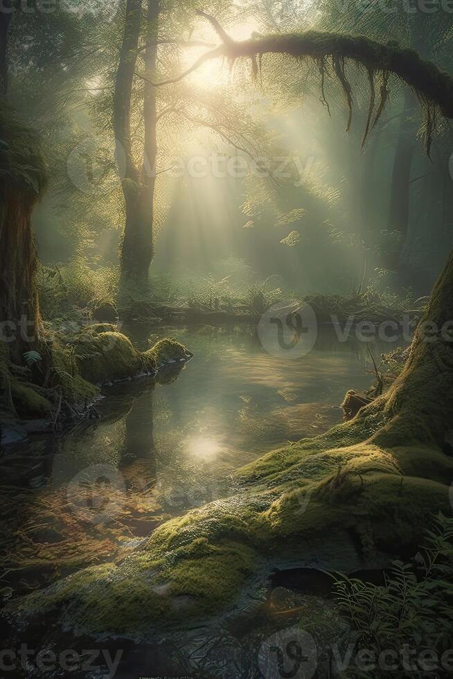 le peu Lac dans un enchanté magique forêt dans le Matin dans une brouillard dans le soleil, des arbres dans une brume de lumière, embrasé brouillard parmi le des arbres. génératif ai. photo