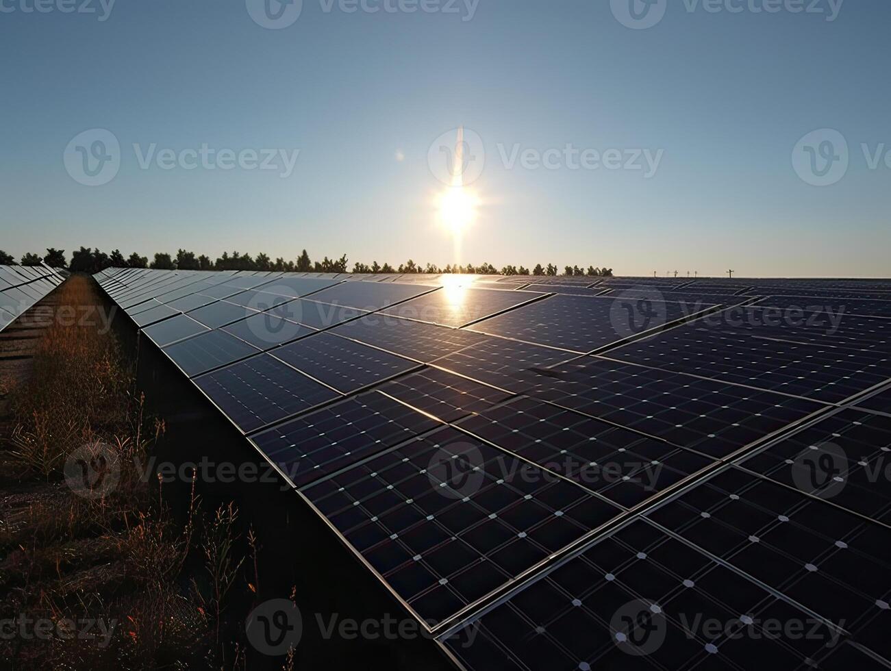 solaire panneaux ferme ou solaire appel ferme sur vert collines champ et bleu ciel Contexte .énergie et éco environnement concept .se concentrer sur premier solaire panneau. génératif ai. photo