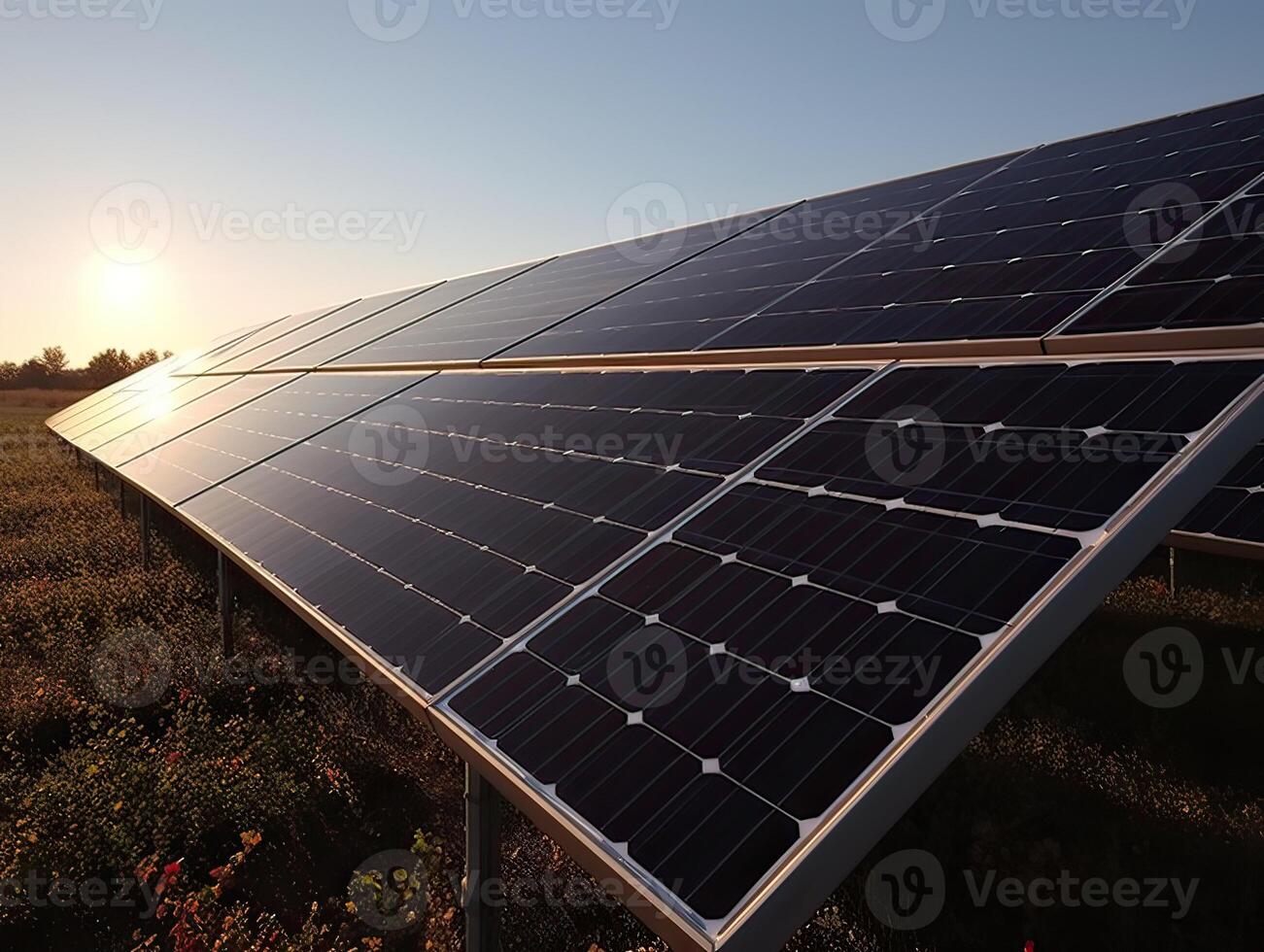 solaire panneaux ferme ou solaire appel ferme sur vert collines champ et bleu ciel Contexte .énergie et éco environnement concept .se concentrer sur premier solaire panneau. génératif ai. photo