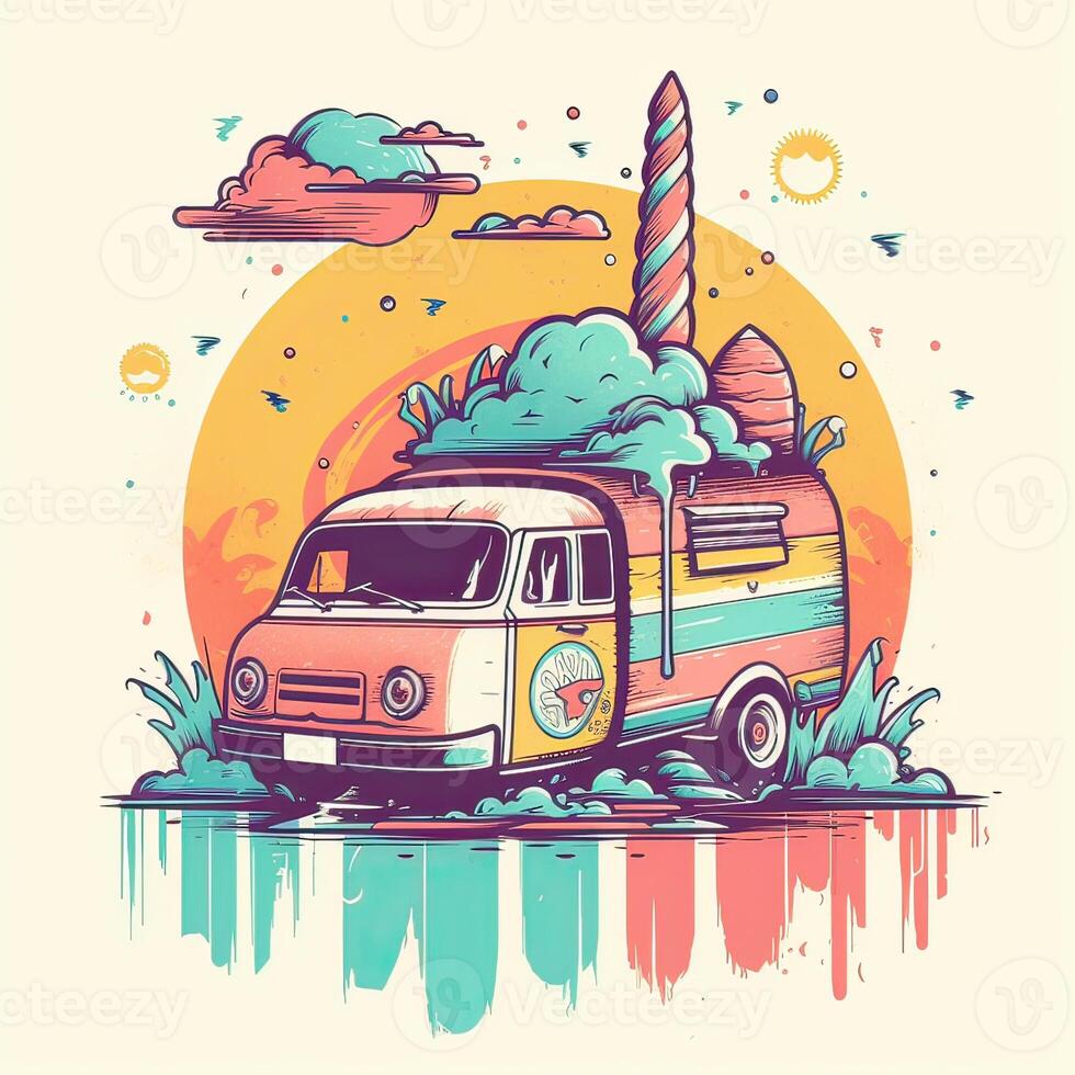 ancien, rétro le surf van avec palmiers, Soleil et une mouette. dessiné à la main T-shirt graphique, imprimer. vecteur illustration. génératif ai. photo