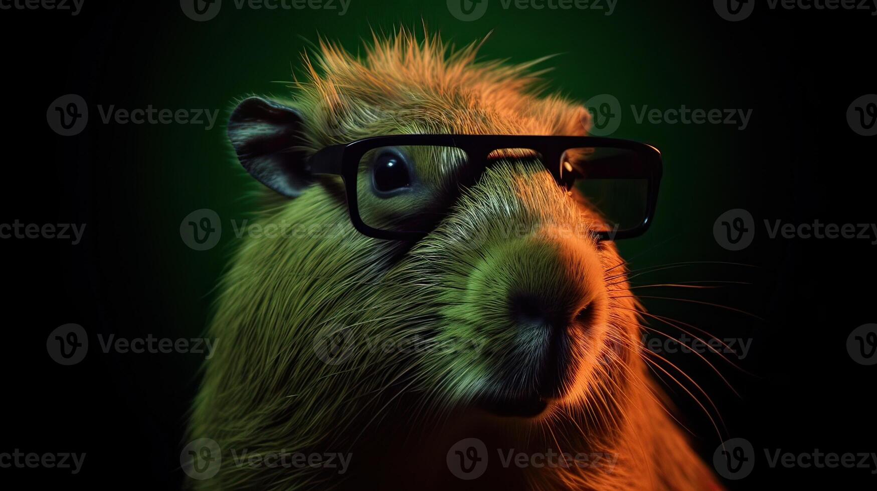 Célibataire capybara avec des lunettes de soleil sur noir Contexte le tête à la recherche élégant et cool. génératif ai. photo