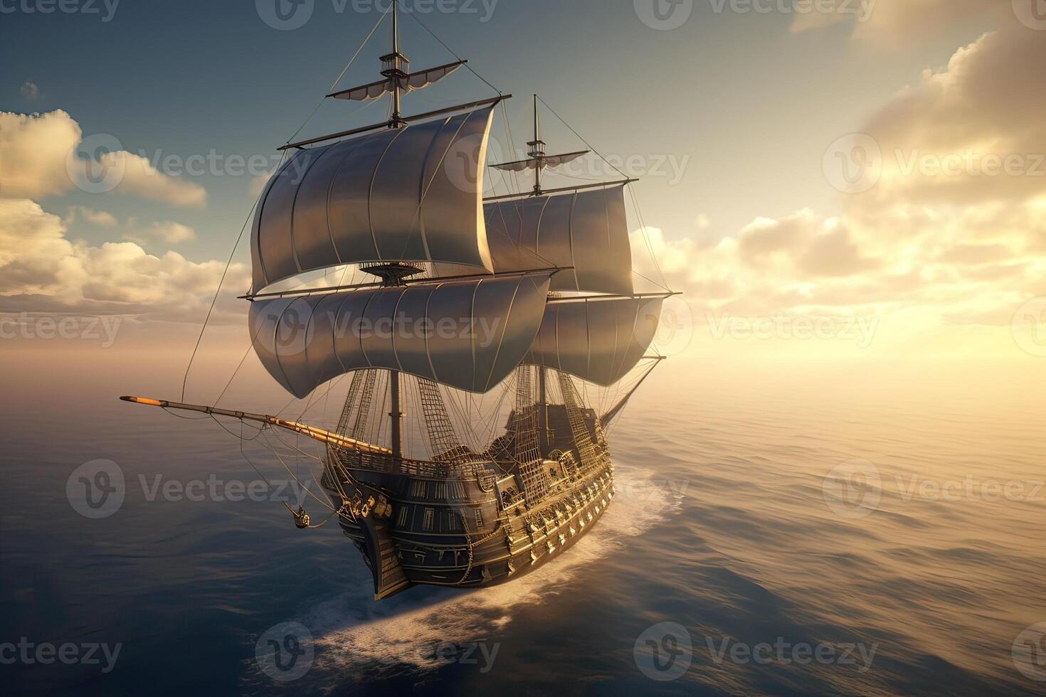 3d illustration futuriste de une pirate navire voile sur le ciel. génératif ai. photo