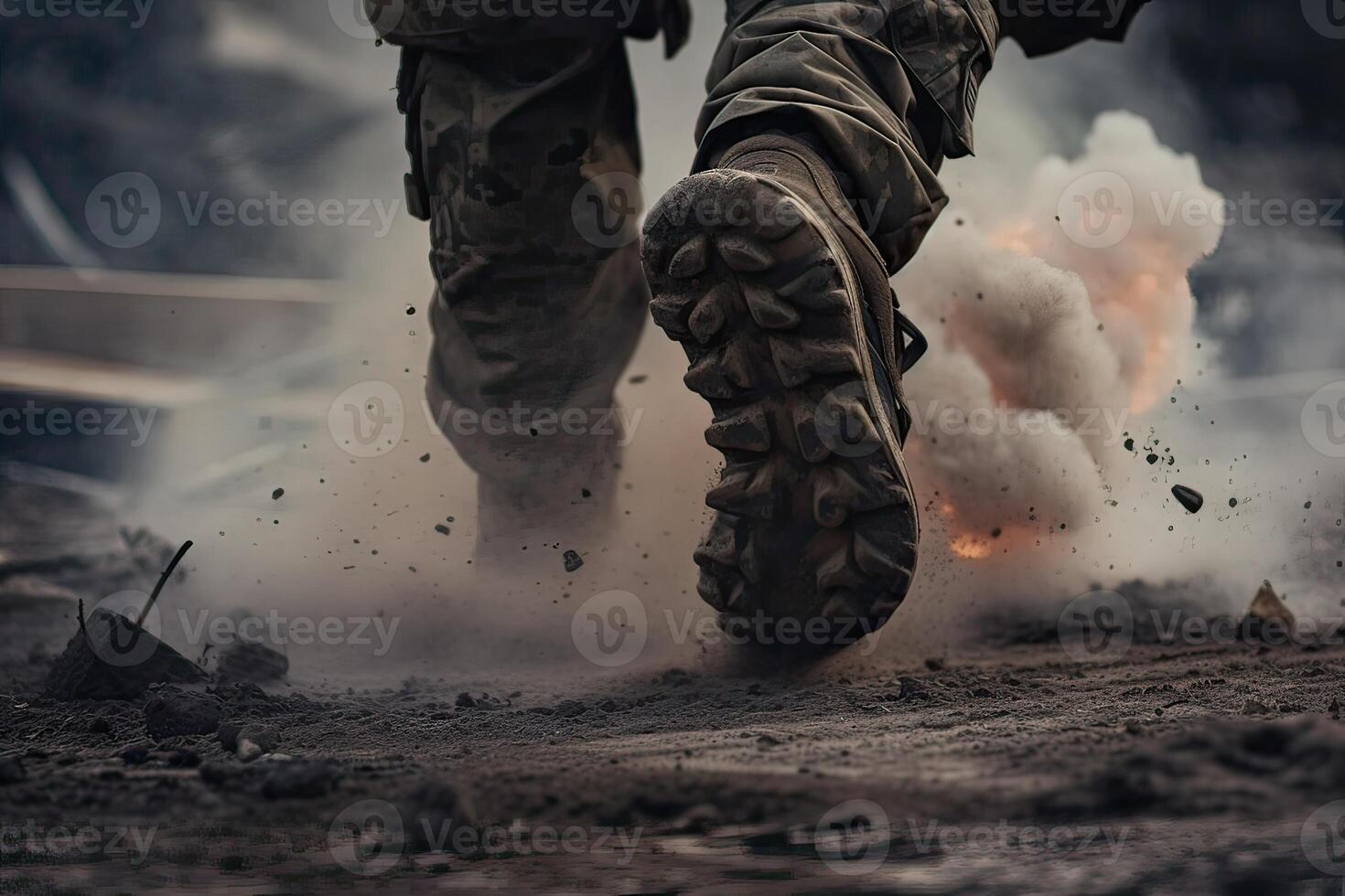 proche en haut illustration de une militaire homme en marchant sur un vide détruit environnement. destruction, guerre scène. fumée et brouillard. triste combat sentiment. génératif ai photo