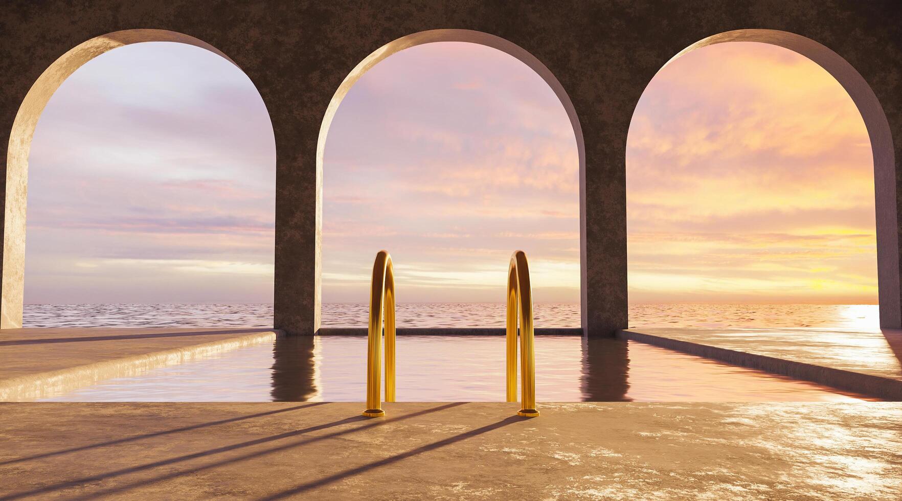 piscine avec vue sur la mer et escaliers dorés à arcades photo