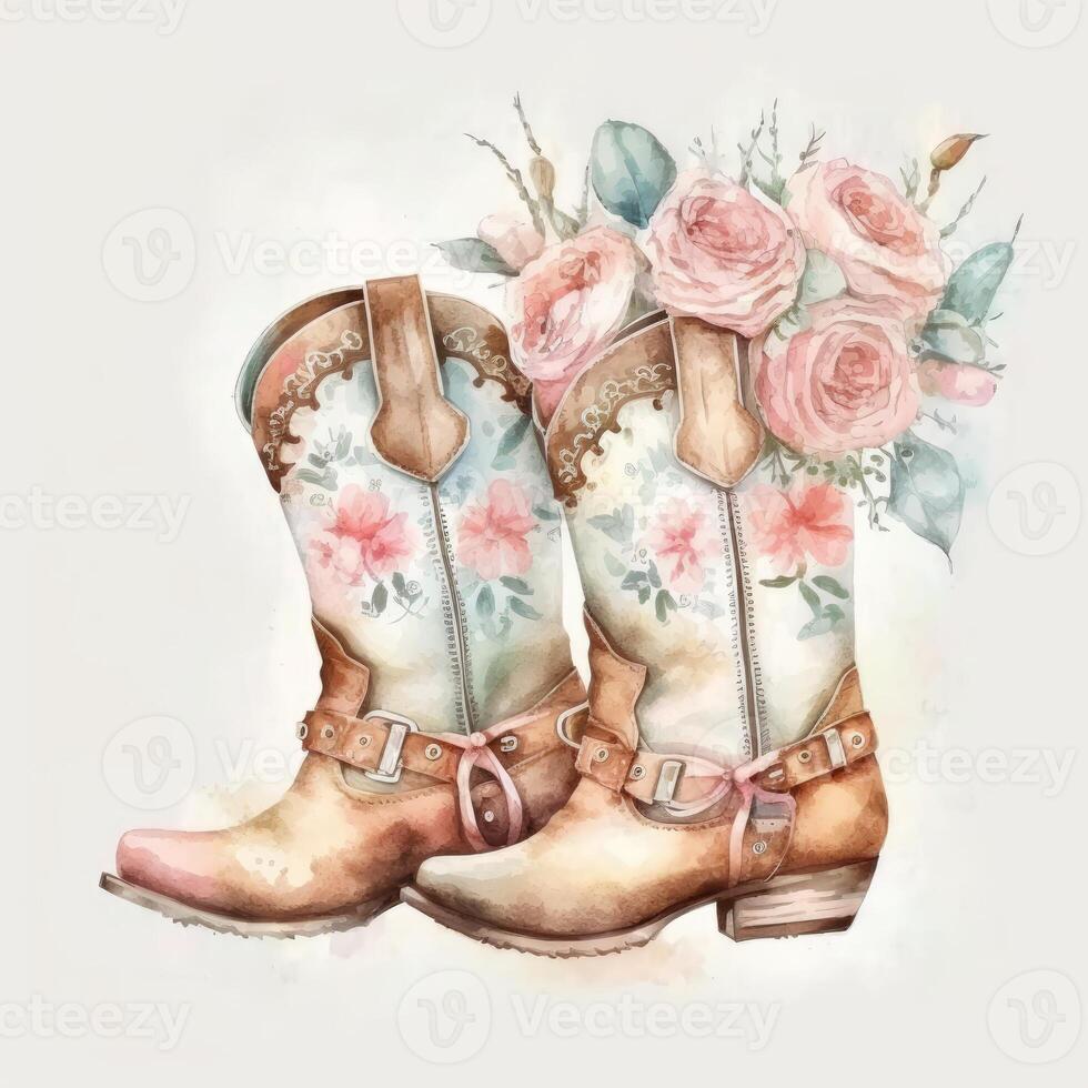 l'eau Couleur cow-girl bottes avec des roses image génératif ai photo