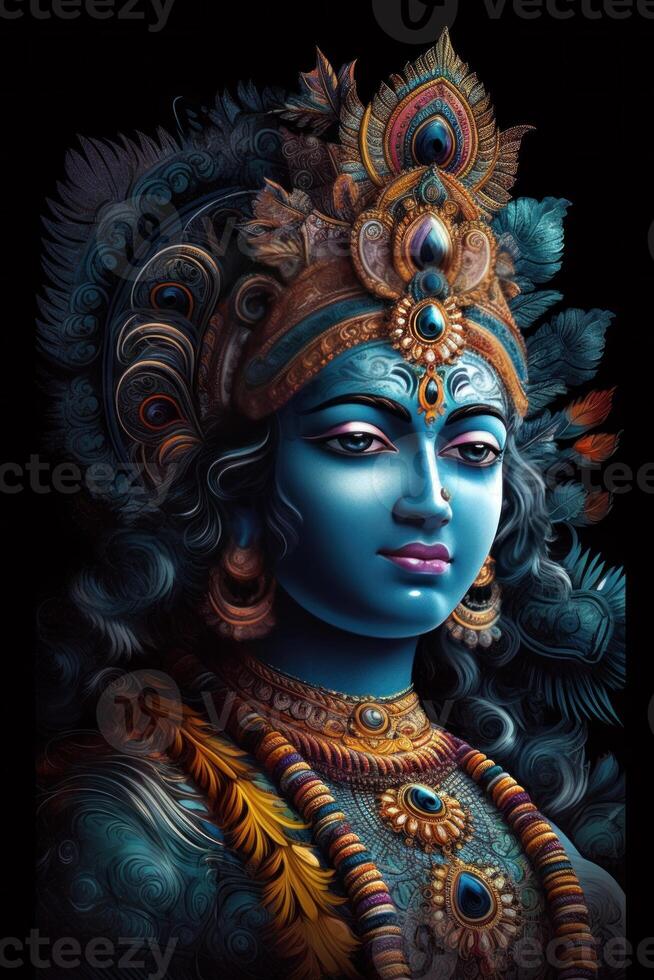 magnifique image de Seigneur krishna sur noir Contexte génératif ai photo