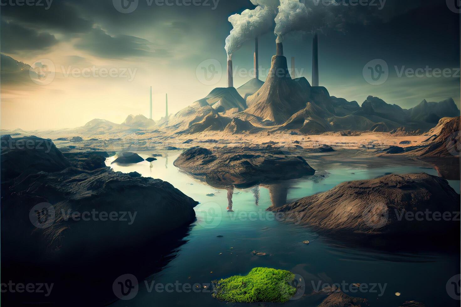 génératif ai illustration de paysage avec écologique catastrophe. pollué Terre et océan photo