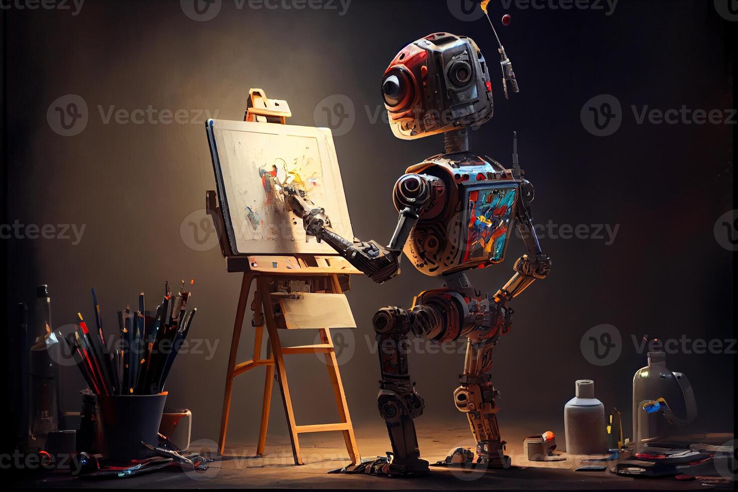 génératif ai illustration de cyborg ai robot artiste dans foncé studio suivant à le sien chevalet, La peinture et des peintures tandis que fonctionnement, neural réseau généré art. numériquement peinture, généré image. photo