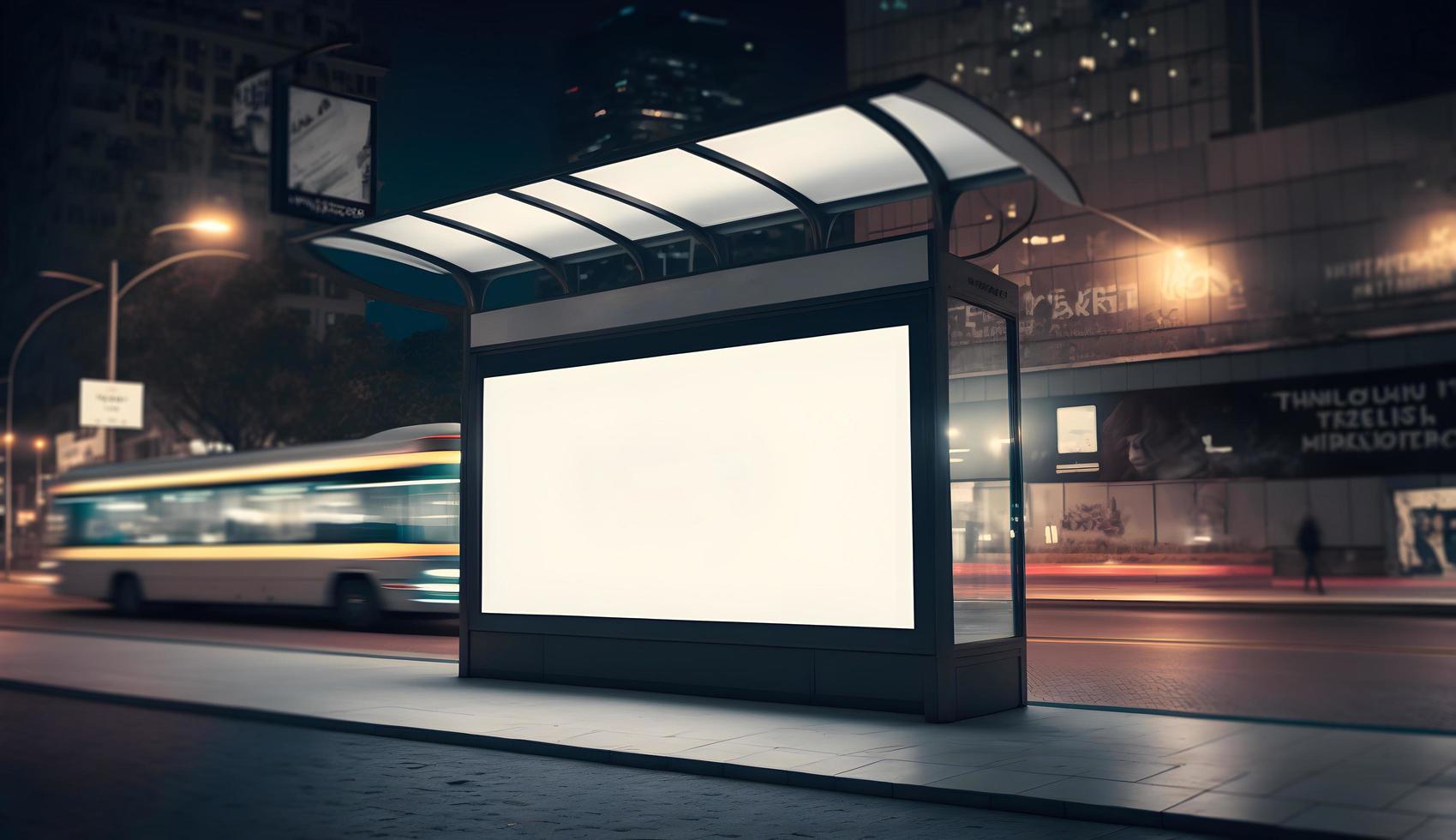 moderne vide espace publicité conseil, Vide blanc enseigne dans ville dans nuit, autobus supporter vide panneau d'affichage dans nuit, commercialisation bannière un d espace dans ville, publicité panneau d'affichage sur autobus supporter dans ville photo