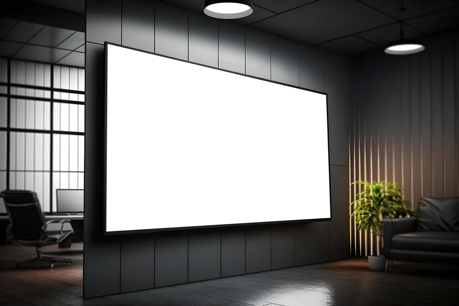 réaliste 3d côté vue de présentation écran dans moderne Bureau environnement, moderne intérieur avec large LED écran maquette, conduit écran maquette à l'intérieur Bureau photo