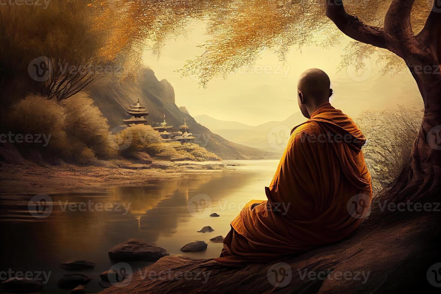 génératif ai illustration de bouddhiste moine dans méditation à côté de le rivière avec magnifique la nature Contexte photo