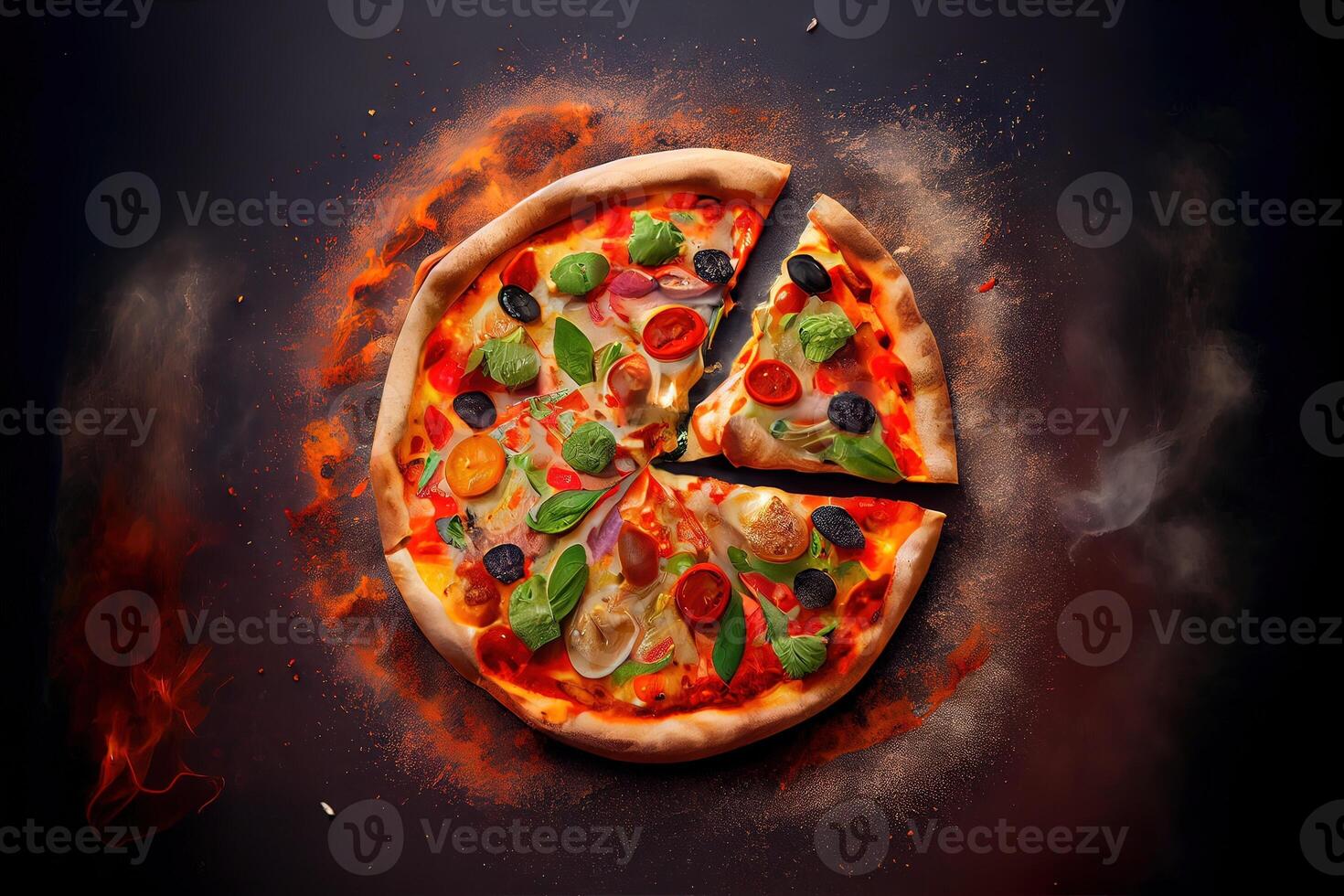 génératif ai illustration de fait maison Pizza avec tomate et Olives sur foncé pierre Contexte photo