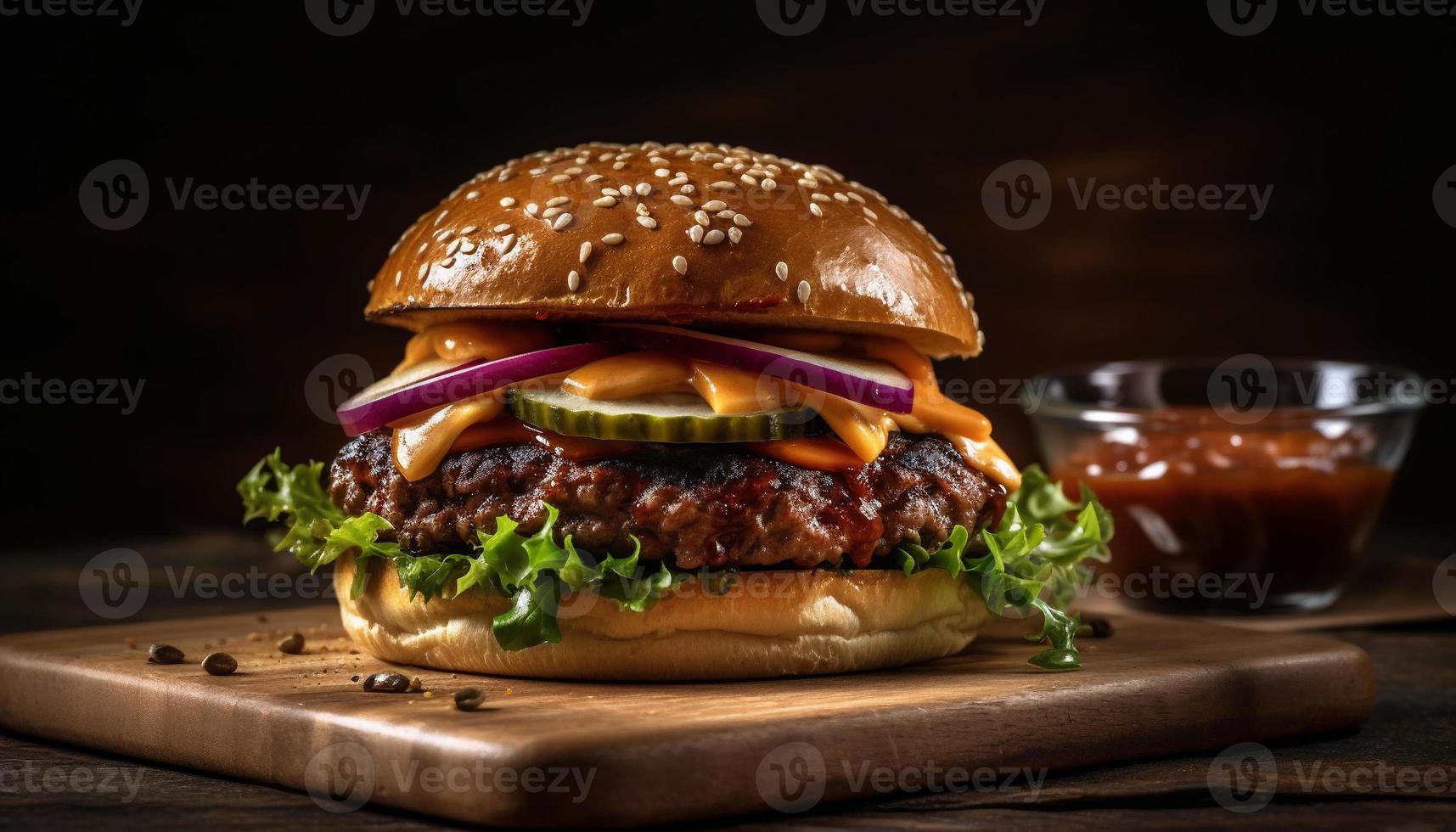 américain fromage un barbecue du boeuf avec tomate salade juteux Burger vite nourriture présentation studio produit isolé sur noir Contexte. photo