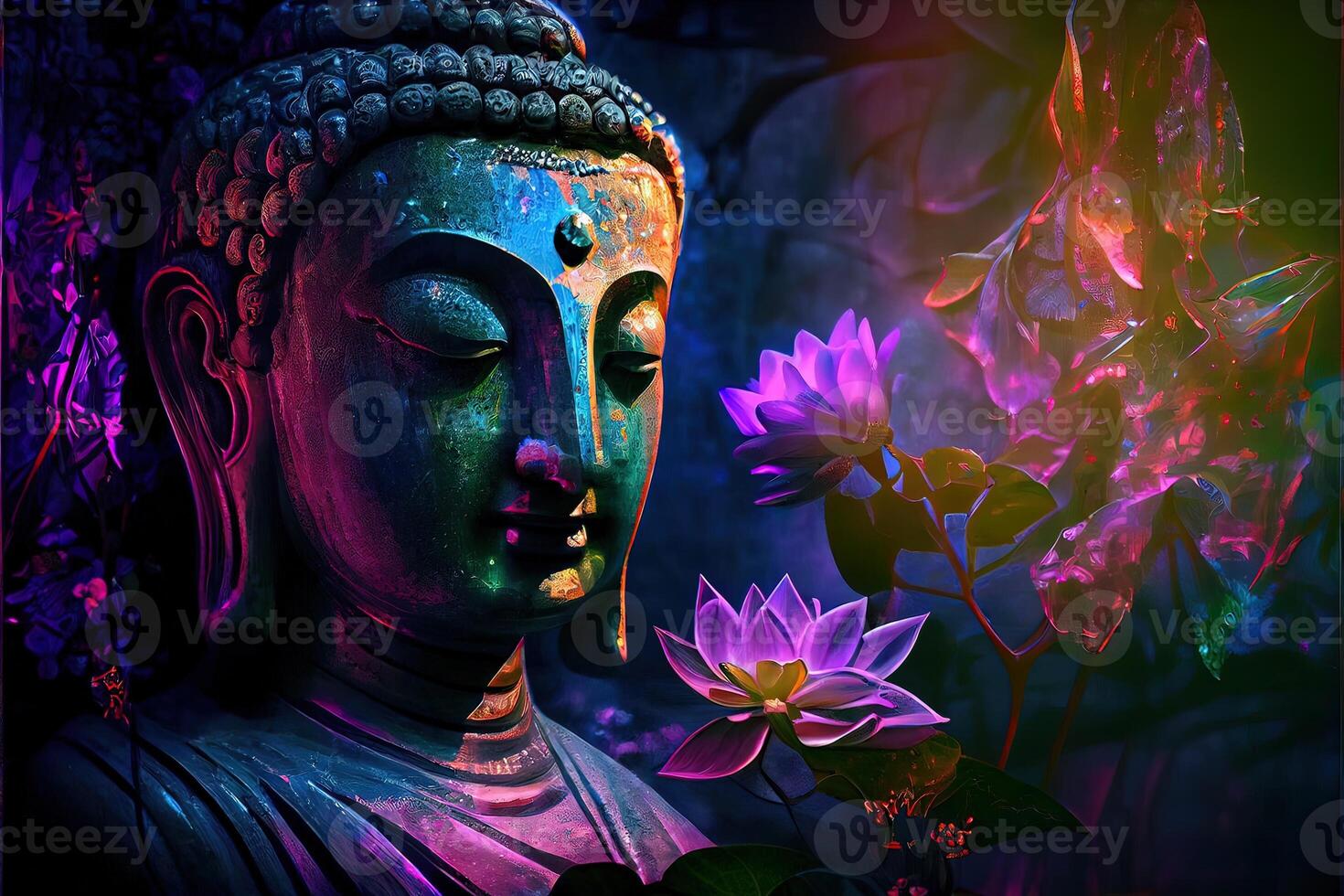 génératif ai illustration de abstrait réaliste Bouddha, fleurs, la magie éclairage, magnifique métallique et pierre couleurs, détaillé, Naturel éclairage, Naturel environnement. numériquement généré image photo