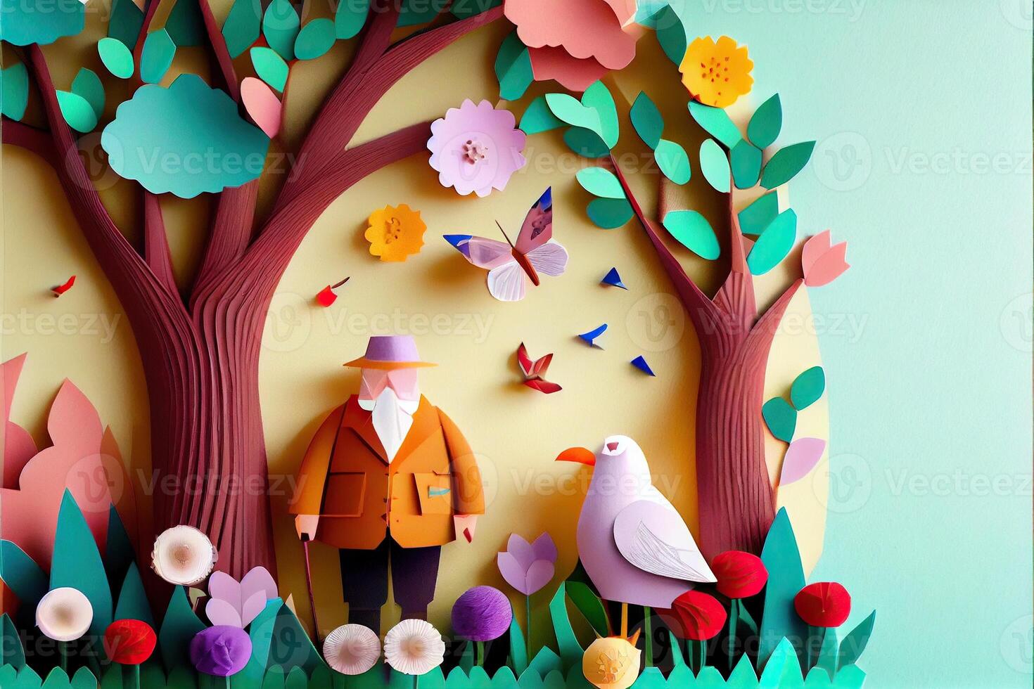 génératif ai illustration de origami printemps arrière-plan, joyeux âgé, content famille avec parent, coloré. papier Couper artisanat, 3d papier illustration style, pop couleur. neural réseau généré art. photo