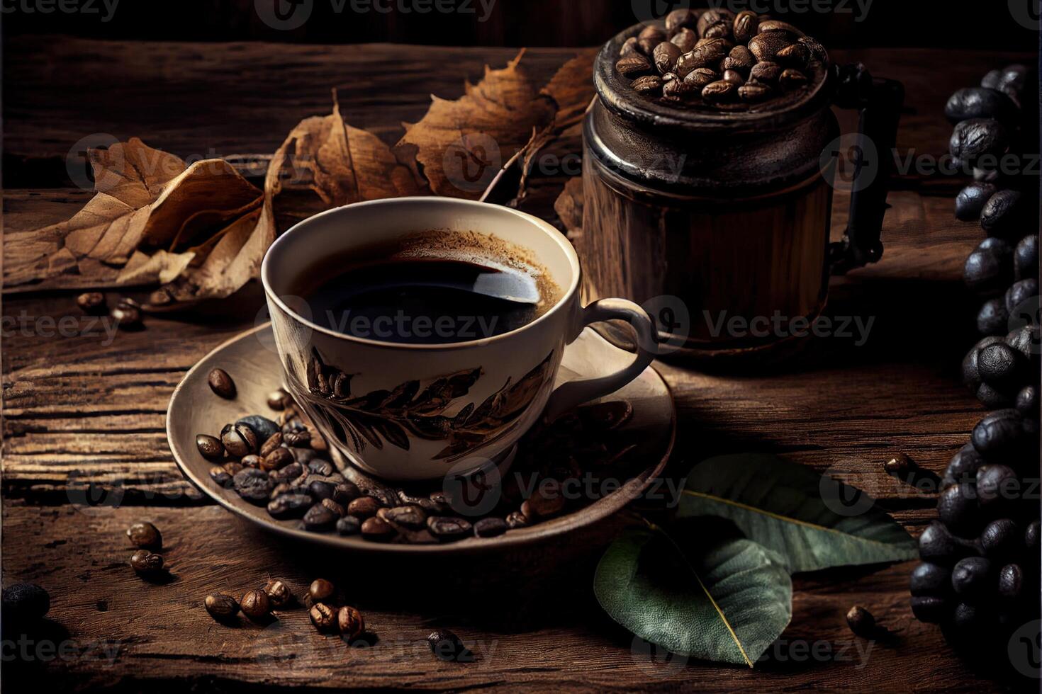 génératif ai illustration de tasse de café et café des haricots sur vieux en bois table et le plantations thé colline Contexte photo