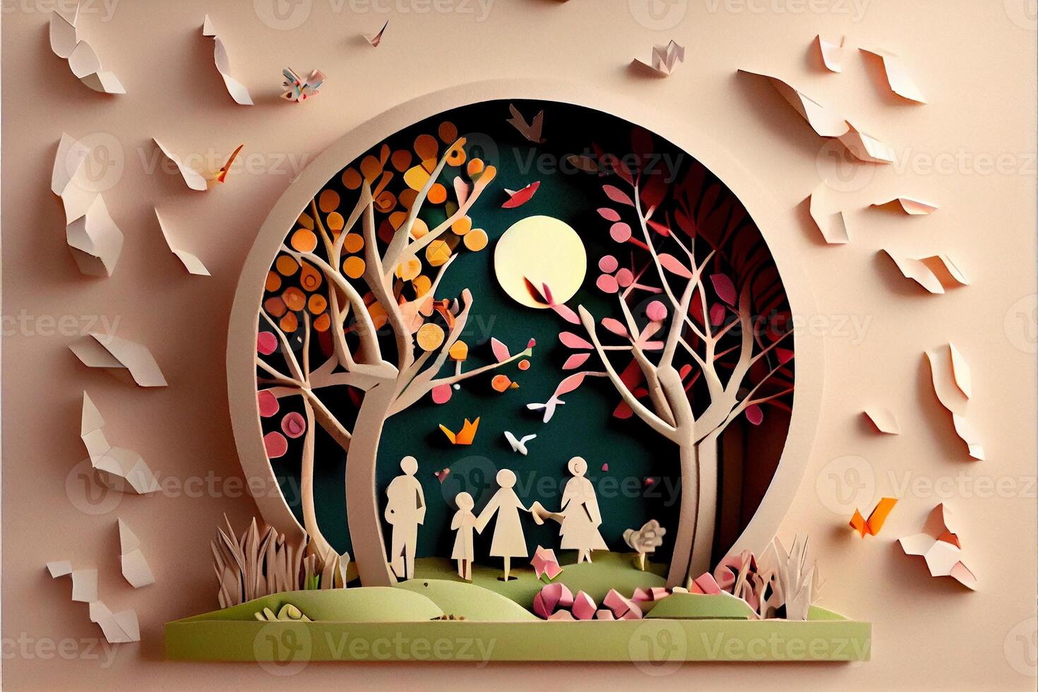 génératif ai illustration de origami printemps arrière-plan, joyeux âgé, content famille avec parent, coloré. papier Couper artisanat, 3d papier illustration style, pop couleur. neural réseau généré art. photo