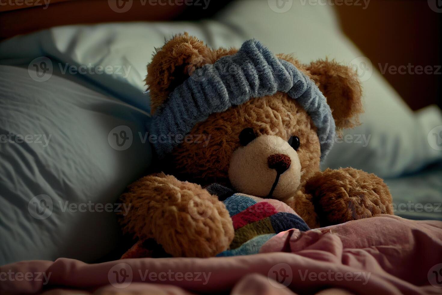 génératif ai illustration de une nounours ours pose dans lit et sentiment malade photo