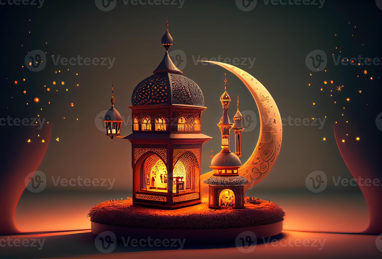 génératif ai illustration de islamique vacances. Ramadan nuit. mosquée et lanterne affiché sur étapes avec embrasé lumière dans le soir. fond d'écran et bannière Contexte. photo