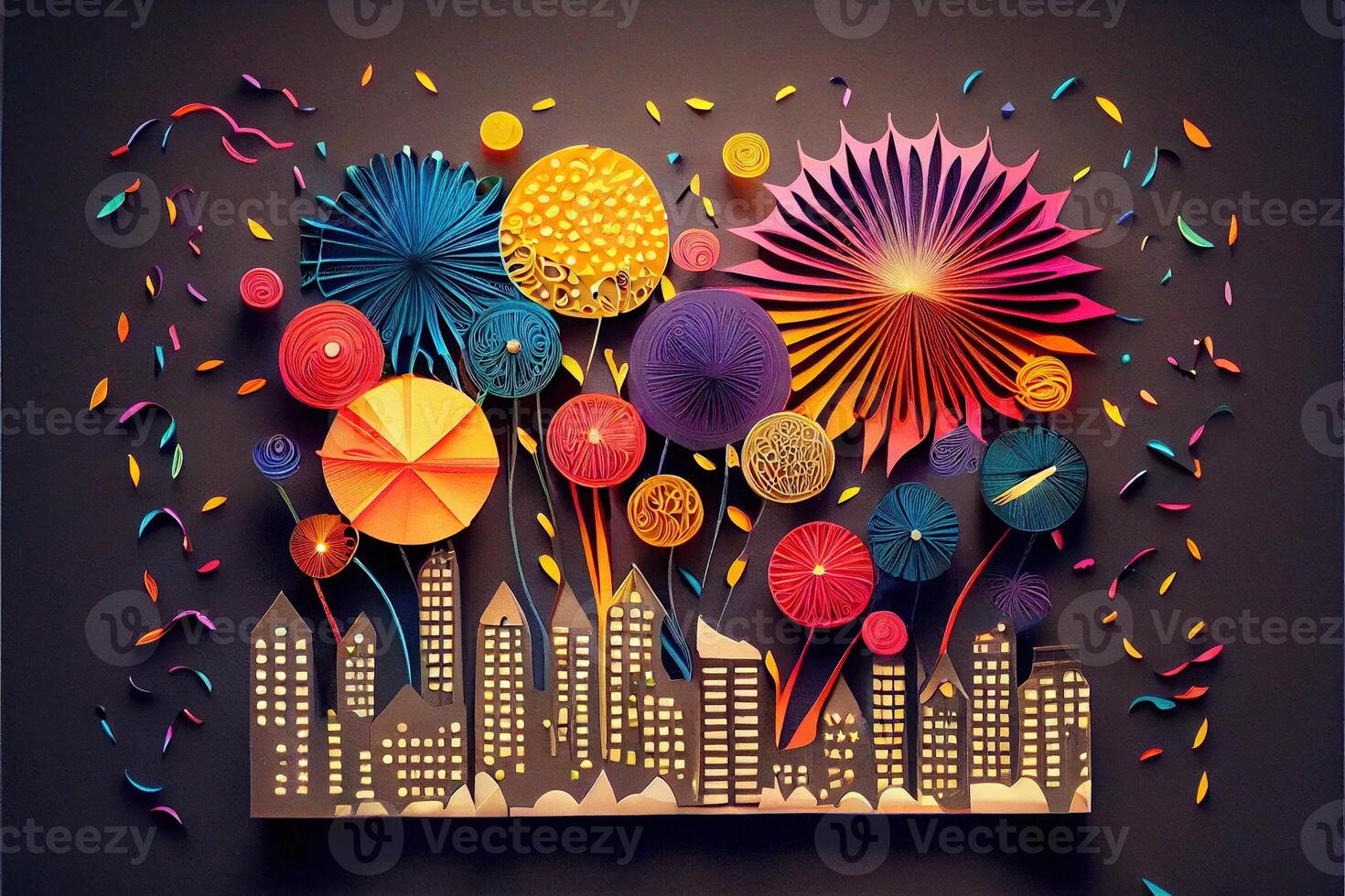 génératif ai illustration de photo papier Couper quilling multidimensionnel papier couper, artisanat papier illustration, feux d'artifice et magnifique ville dans Nouveau année veille, nationale journée avec coloré lumières, pop couleur.