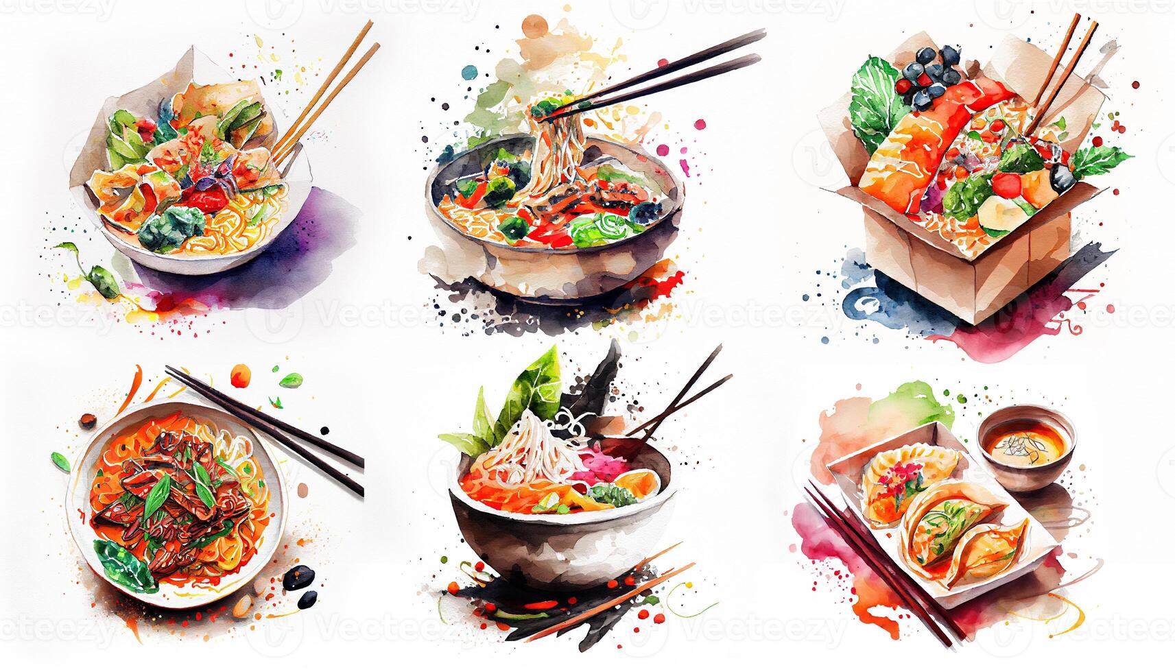 génératif ai illustration de knolling Japonais cuisine nourriture, aquarelle peindre style, ensemble de asiatique nourriture photo