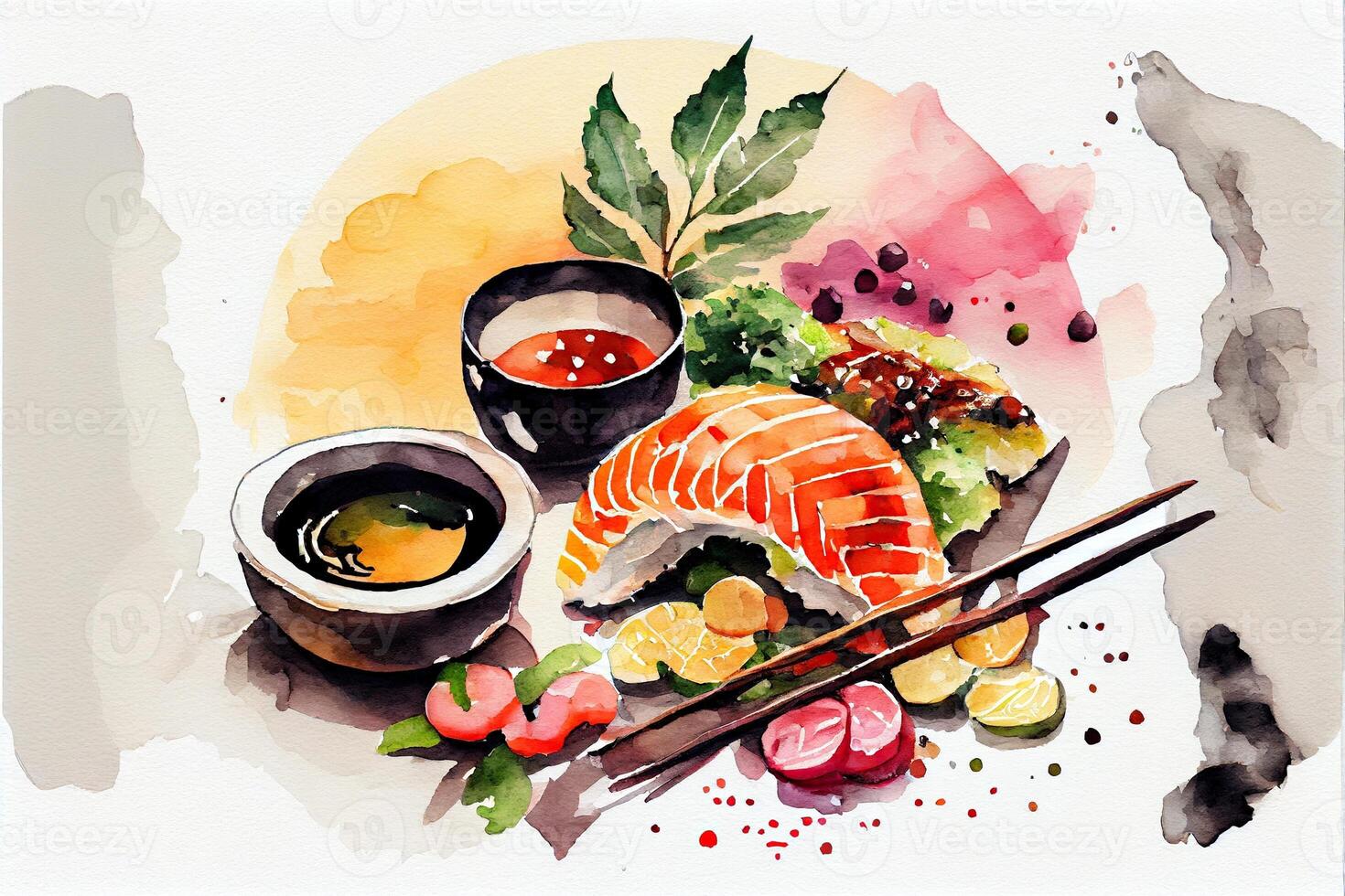 génératif ai illustration de knolling Japonais cuisine nourriture, aquarelle peindre style, ensemble de asiatique nourriture photo