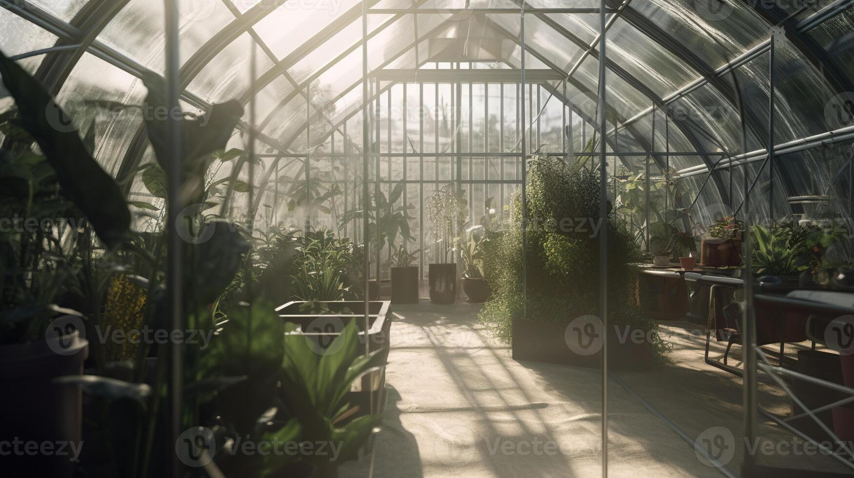 génératif ai, vert maison de le verre, verre de tente jardin avec une lot de les plantes. photoréaliste effet. photo