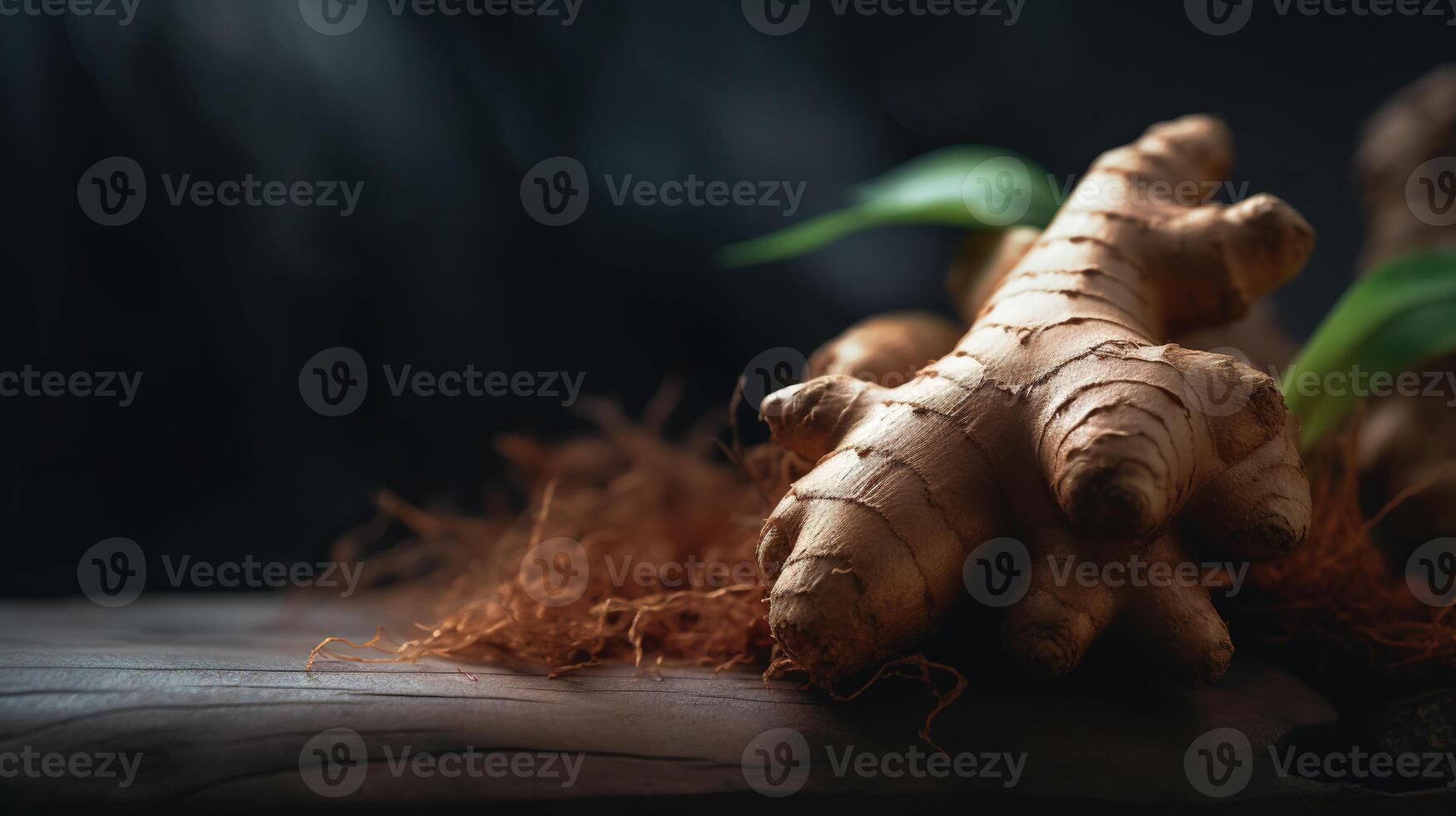 génératif ai, gingembre racine pimenter photoréaliste illustartion sur foncé Contexte. photo