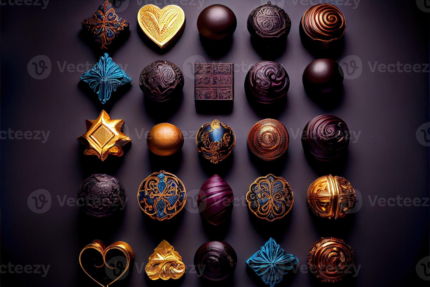 génératif ai illustration de une symétrique knolling plat allonger de différent exquis les types de jolie baroque des chocolats, Royal bijou tons et briller, doré noir Contexte photo