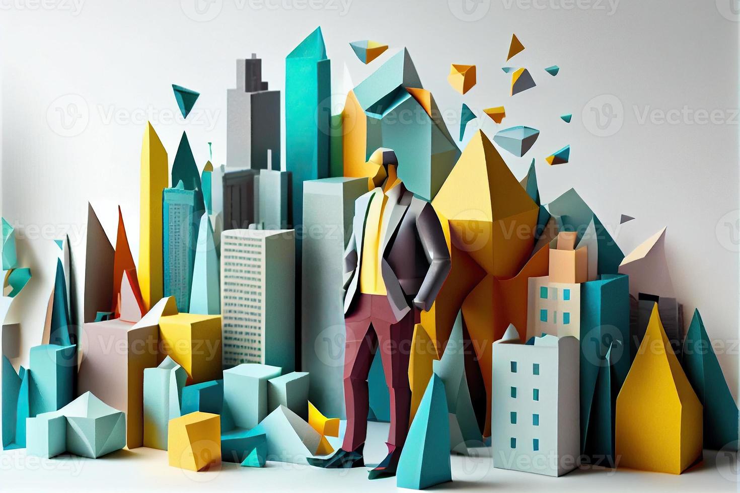 affaires homme dans le ville arrière-plan, coloré. affaires poignée de main, réussi concept. papier Couper artisanat, 3d papier illustration style. neural réseau généré art. photo