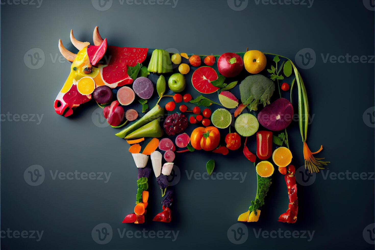génératif ai illustration de une vache fabriqué de Frais des fruits et des légumes photo