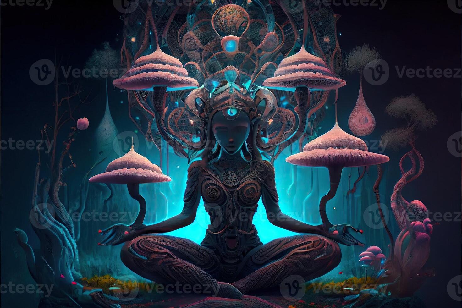 génératif ai illustration de plus haut, yoga se détendre refroidissement en dehors dmt visions esprit. sept coloré chakras méditation dmt hallucinations. multivers connecté par une nerveux système - trippant psychédélique photo